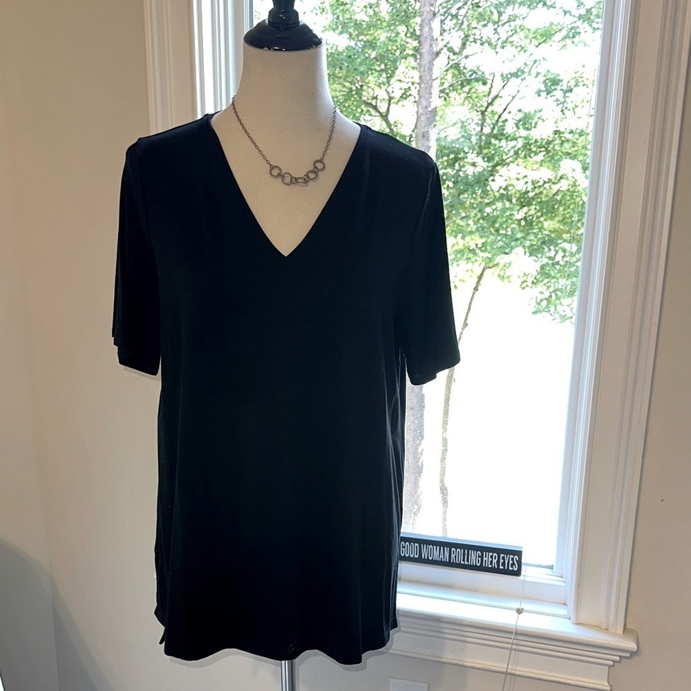Eileen Fisher V-Neck SS Black Hi-lo Tunic Top, Medium, Like New